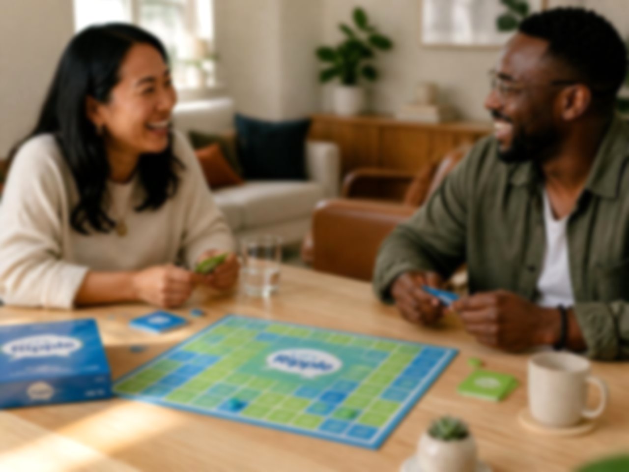 Two people laughing while playing Let's Ripple™ together, with the game board softly out of focus