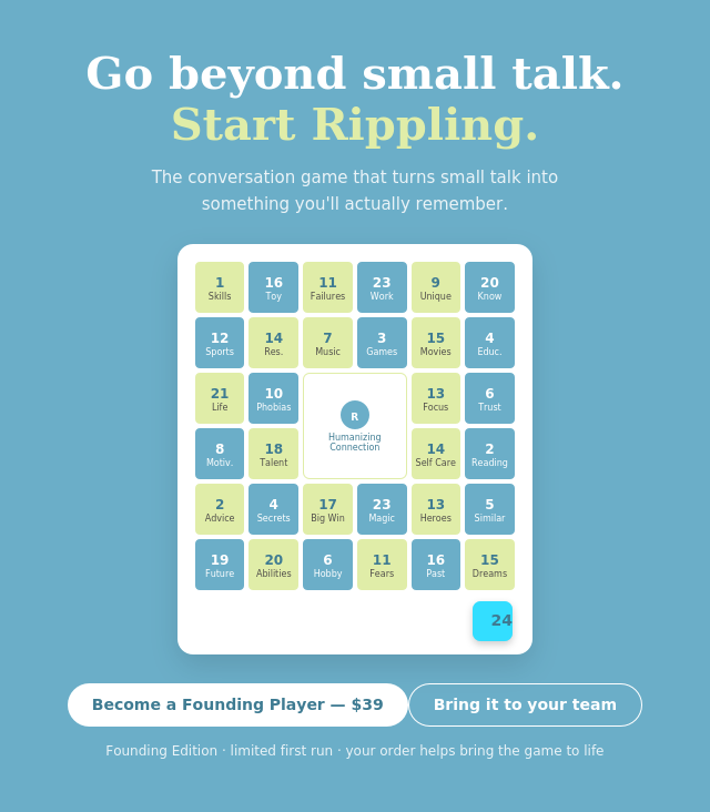The Let's Ripple™ board with conversation topics on a calming blue background